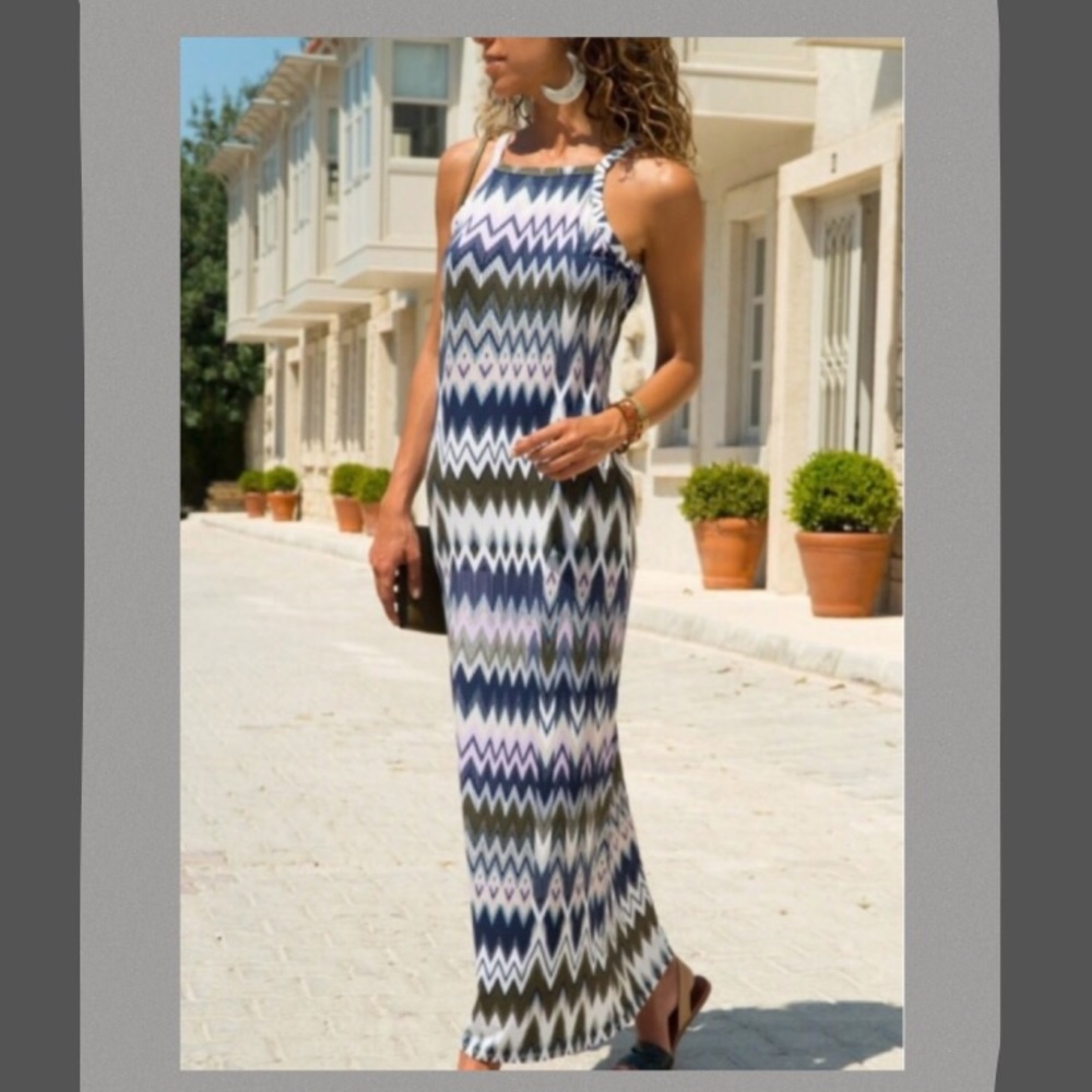 Sleeveless blue gray Zigzag Print Maxi dress